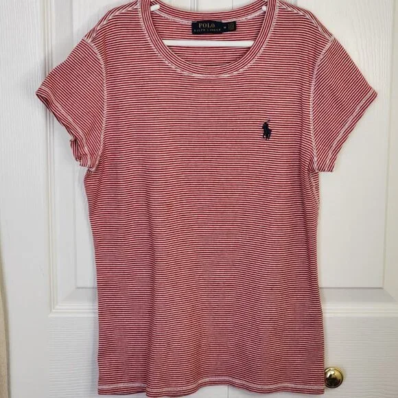 Polo Ralph Lauren Girls Medium Red Striped Tee Short Sleeve Round Neck - Picture 2 of 14